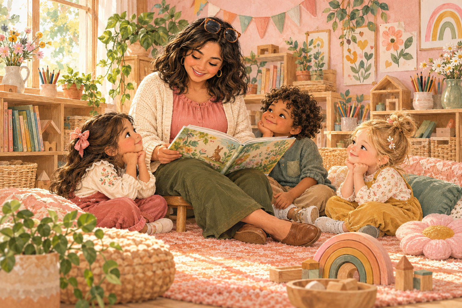 Teacher sharing a story in a welcoming classroom