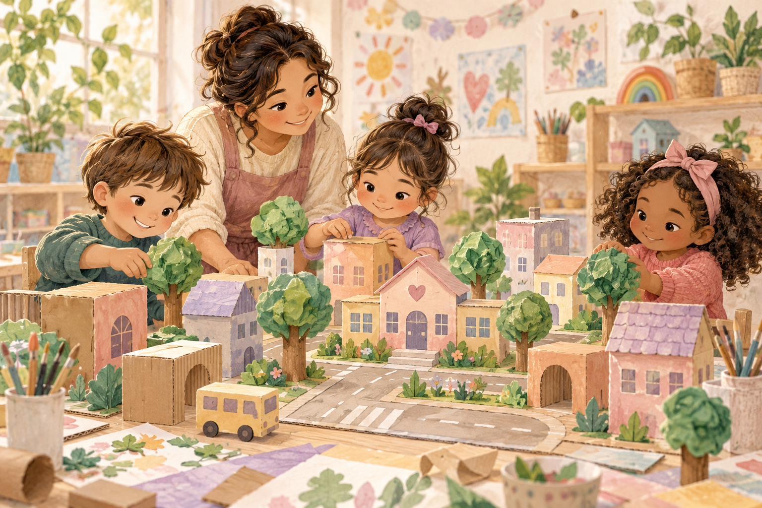 Children and a teacher build an imaginary cardboard neighborhood with pink houses and paper trees.