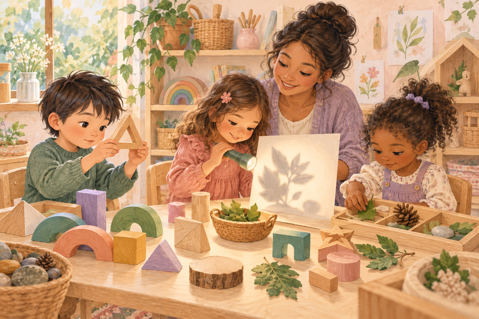 Children explore wooden shapes, leaves and a flashlight shadow at a discovery table.