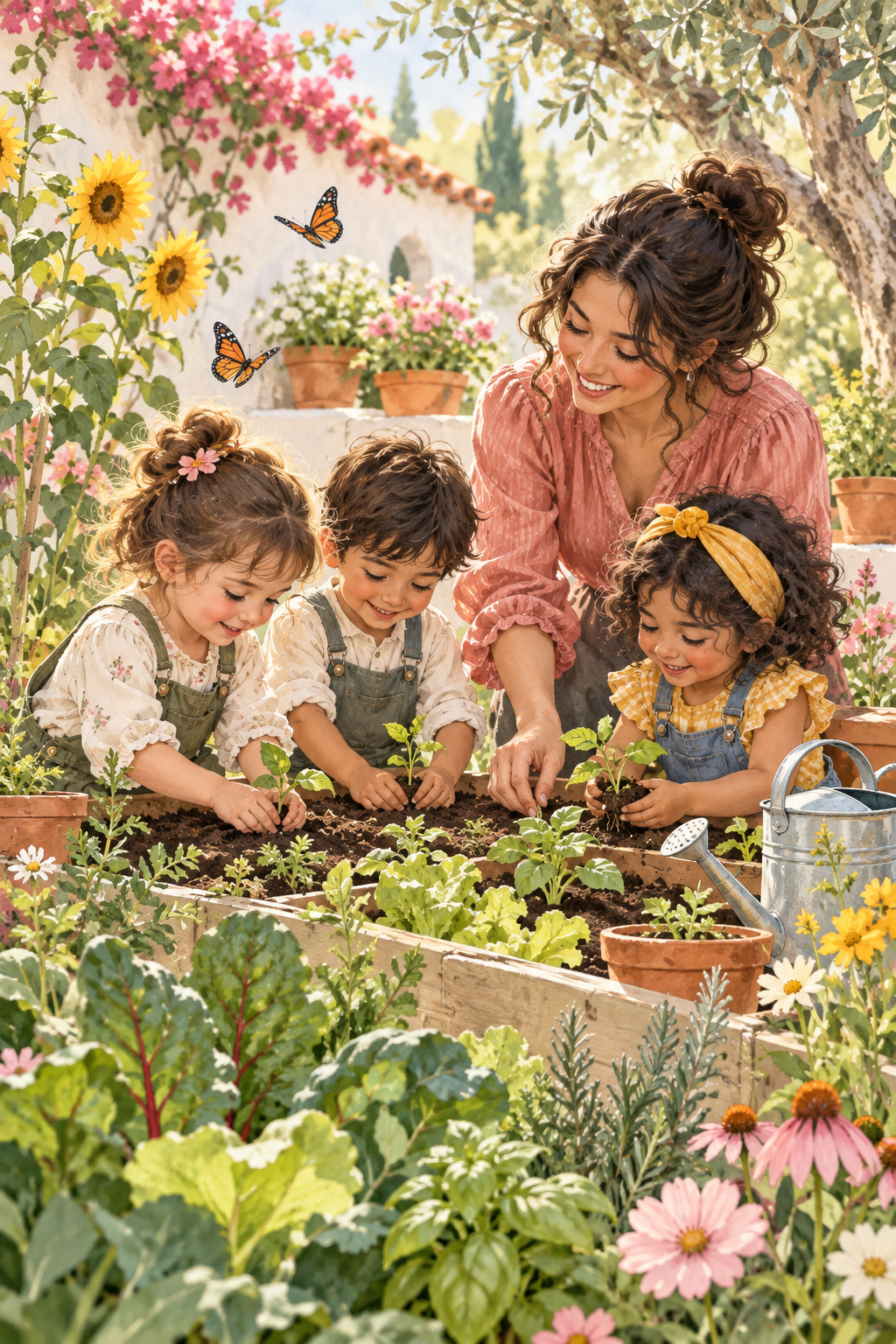 Illustration of a teacher and children caring for plants in a garden.