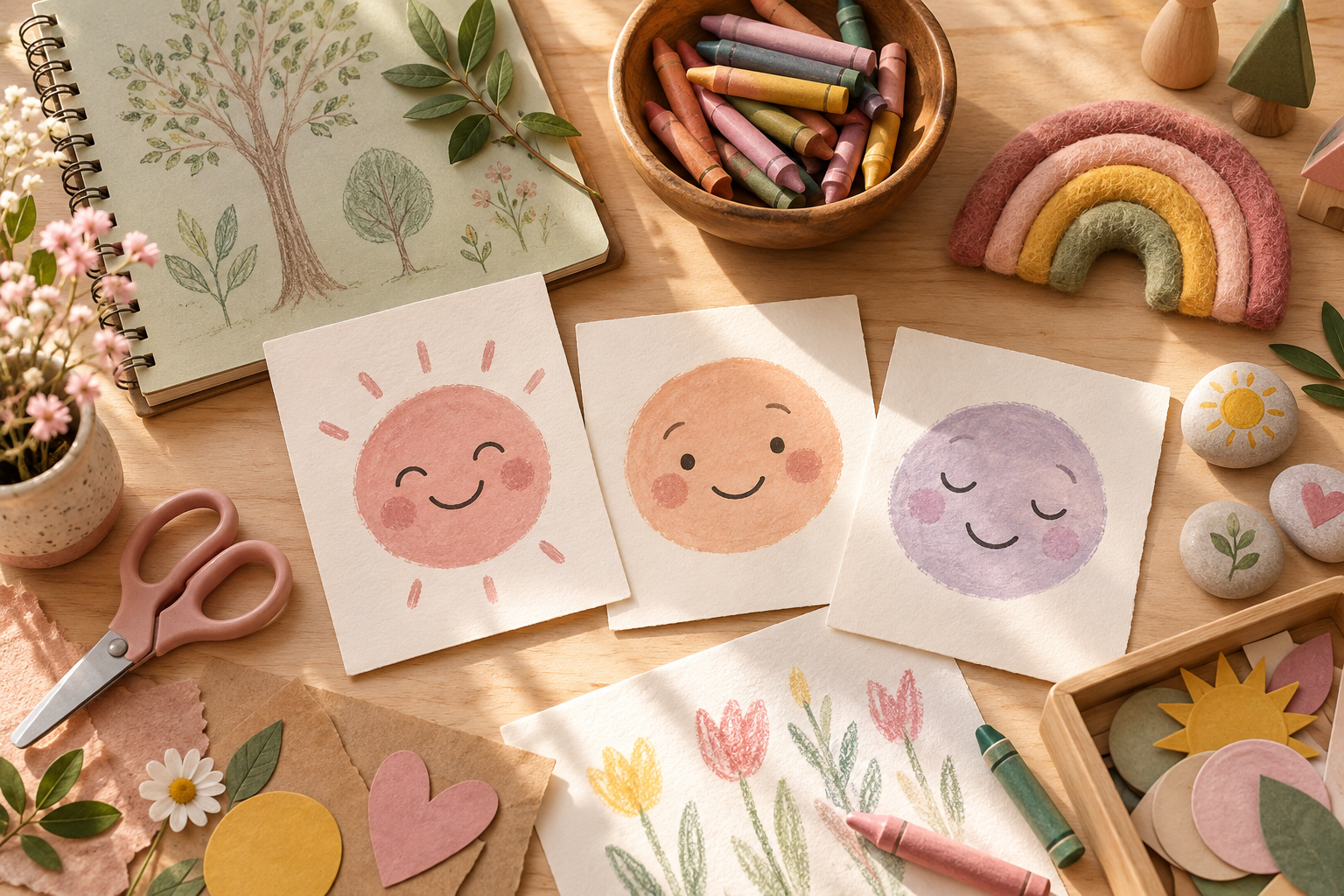 Handmade classroom materials, cards, crayons and a felt rainbow in soft colors.
