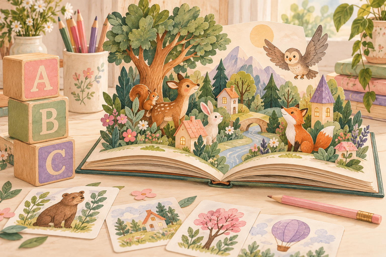 A paper forest with animals and tiny houses rises from an open book beside letter blocks.